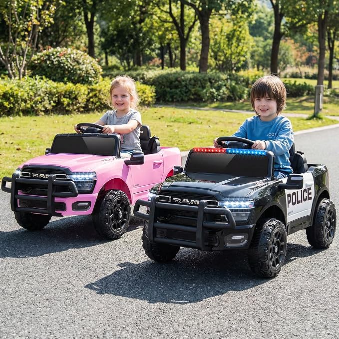 Costzon Police Car Ride On, 12V Licensed RAM Kids Electric Vehicle w/Remote Control, LED Lights, Music, Horn & Wireless Connection, Soft Start, Kids Car Toyt for Boys Girls (1-Seater,Police Dark)