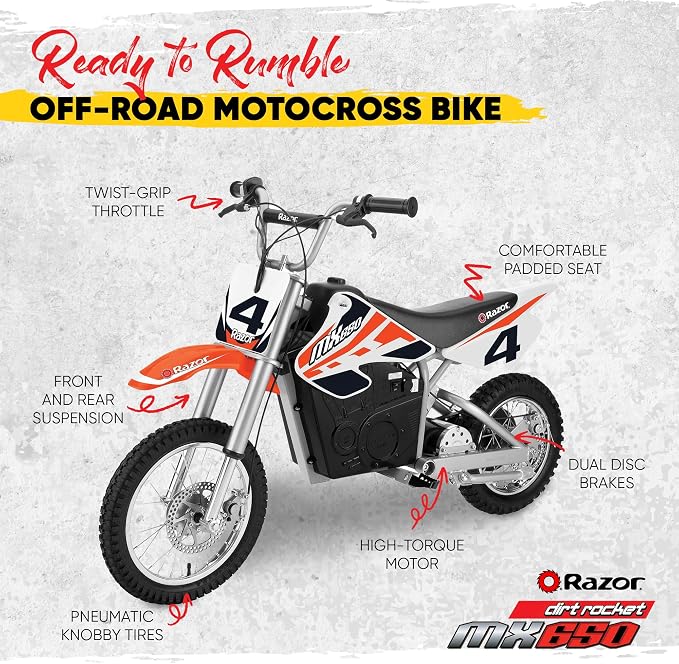 Razor MX650 Dirt Rocket Bike Electric Ride-On for Ages 16+, 220 lb Max Weight, Orange – 36V Battery, Up to 17 Mph, 40-Min Run Time, Twist-Grip Throttle, 16” Front and 14” Rear Pneumatic Tires