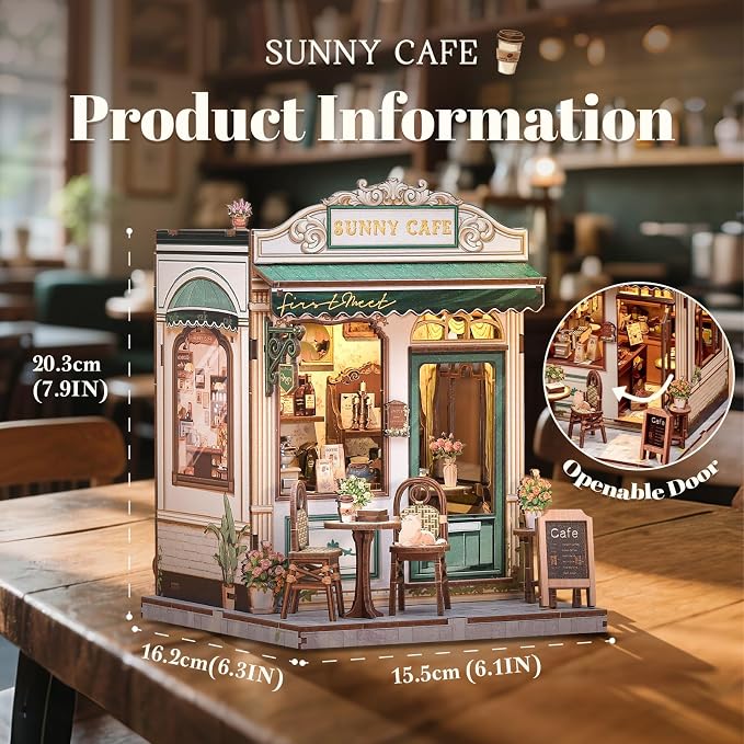 Fsolis Book Nook Kit - 3D Wooden Puzzles for Adults DIY Miniature Coffee House Booknook Gifts for Women Puzzle Lovers (Sunny Cafe)