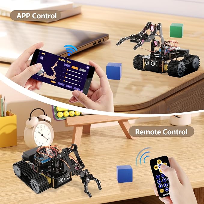 4 in 1 Robotics for Kids Ages 12-16, Smart Robot Arm with 5DOF + Tank Car, STEM Toys Compatible with Arduino & Scratch & Python, App & Remote Control, Gift for Kids & Teens & Adult