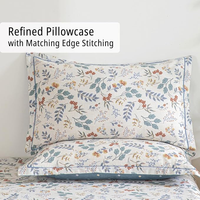 LEMIROE Botanical Cotton Comforter King Size - Lake Green Comforter with Dusky Blue & Warm Rust Leaves on Ivory,Reversible Lightweight Bedding Sets 3Pcs(Polka Dot)