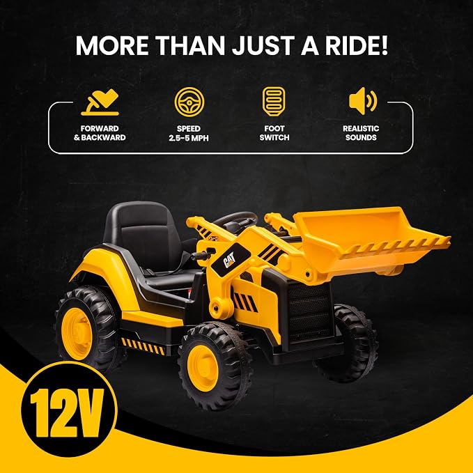 Kid Trax Kids Ride On Toys - 12V CAT Construction Toys for Boys w/Front Loader, Bulldozer, Excavator, Tractor Toy Truck, 2.5-5 mph, Indoor/Outdoor Play, Durable Ride On Car for Kids 3-6, Up to 66lbs