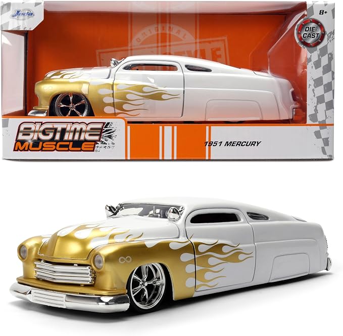 Jada Toys Bigtime Muscle 1:24 1951 Mercury Die-cast Car – Opening Doors, Hood, Trunk, Rubber Tires(White/Gold Flames)