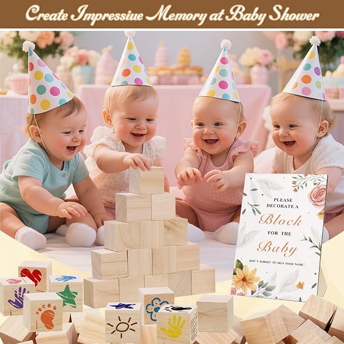 95 PCS Shower Games Sign Kit for Boys Girls, 1 Wooden Game Sign, 52 Blank Wooden Blocks for DIY Drawing, 24 Markers, 18 Stencils, Shower Game for Gender Reveal Activity Decorations