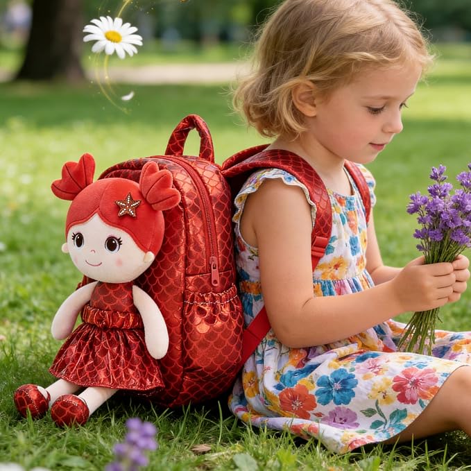 Lazada Toddler Backpack - Baby Girl Gifts Plush Doll Dress Backpack - Fashion Girls Tina Fish Scale Series - Red 11 Inches