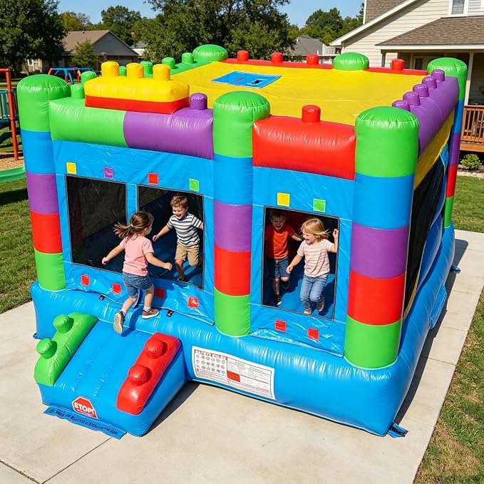 Semi Commercial Bounce House for Big Kids,Built-in Slide,PVC Material,for Backyard Outdoor Party,12.3'Lx 12'Wx 9.4'H (Building Block Ver2 Without Blower)