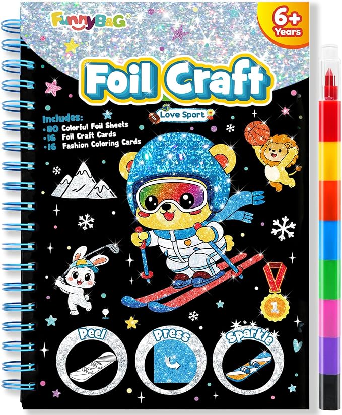 FUNNYB&G Foil Art Craft Kit for Kids 4-10 Years Old: Mess-Free & No-Glue, Create 16 Love Sport Pictures – Perfect Travel Toy & Birthday Gift for Kids (Love Sport)