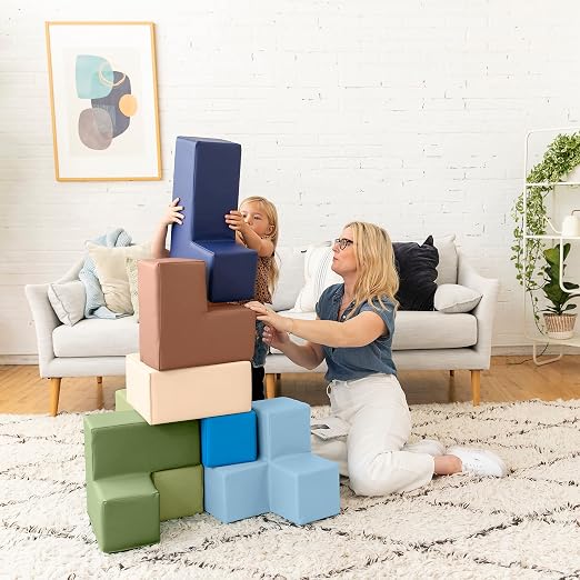 ECR4Kids SoftZone Brainy Building Blocks Puzzle Set, Beginner Playset, Earthtone, 7-Piece