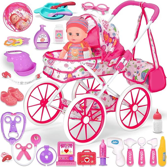 Baby Doll Stroller Toys Set, 12″ Doll with Accessories, 28Pcs Baby Dolls and Stroller Set with Care Bag, Clothes, Baby Bottle, Realistic Pretend Play Toy for Girls 3-5, 4-6, 7 Years Old Toddler Gift