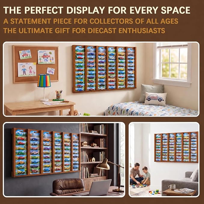 Sintuff Wood Model Car Display Case Wall Mount, 50 Slots Toy Car Organizer for 1: 64 Scale Carded Die-cast Cars, Hanging Storage Rack for Collections Lovers
