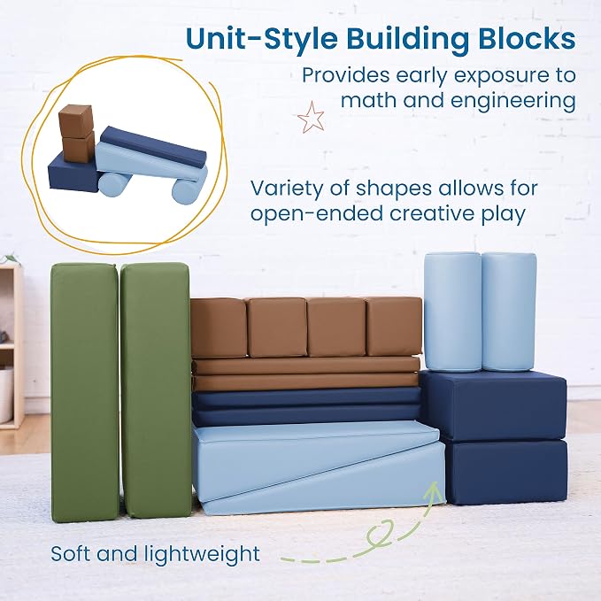 ECR4Kids SoftZone Builder Stacking Blocks and Shapes, Beginner Playset, Earthtone, 16-Piece