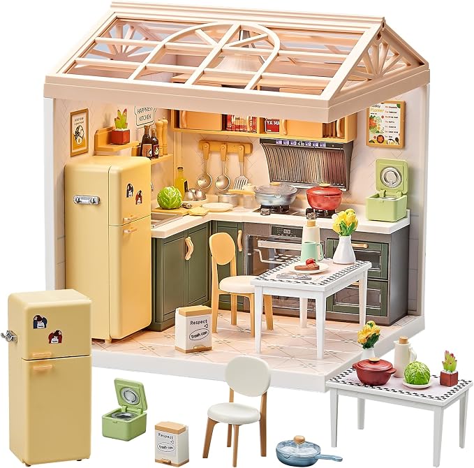 Miniature Kitchen DIY House Kit – 126Pcs Cooking Room Furniture Set with Plug-in LED Light & Modular Base, 1:24 Scale Model for Kids 8+, Teens & Hobbyists