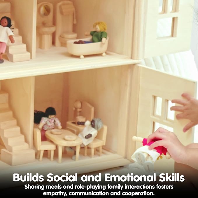 PlanToys® Wooden Victorian Dining Room Set | Montessori Dollhouse Dining Setup for Social Interaction, Mealtime Play & Imaginative Storytelling | Eco Friendly Wooden Dollhouse Dining Furniture