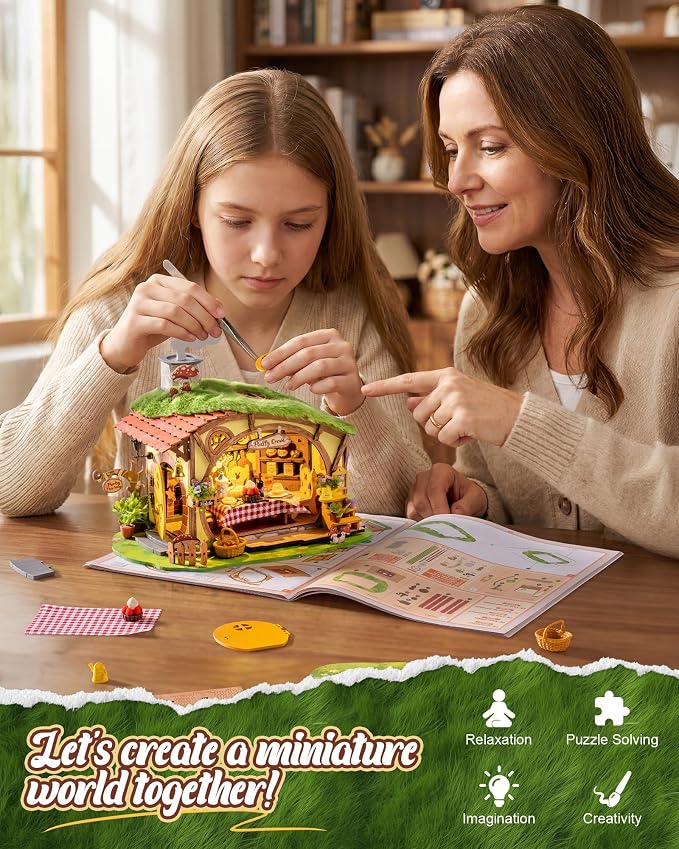 Rolife DIY Miniature Dollhouse Kit Fluffy Grove, Stress Relieving Fantasy Forest Mini House Building Kit with LED, Cozy Fairy Cottage Wooden Dollhouse Craft for Adults Teens, Bookshelf Home Decor Gift