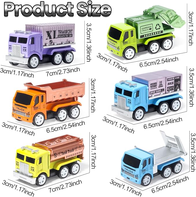 Oriate 6 PCS Diecast Metal Toy Trucks Vehicle Set, Cars Toys with Movable Parts, Mini Pull Back Toy Cars for Kids, Include Garbage Truck, Dump Truck, for Boys & Girls Age 3 4 5 6 +