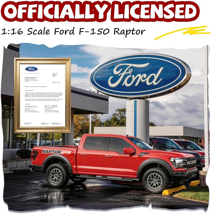 AEROQUEST 1:16 Remote Control Car-Ford F-150 Raptor,Red | Officially Licensed, 1:16 Scale, 2.4GHz RC Truck, LED Headlights, 12Km/h，Birthday Gift,Toys for ages 3-8 Hobby RC Cars