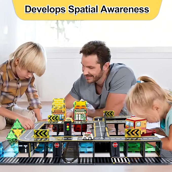 72pcs Upgraded Magnetic Tiles Road & Train Dual-Sided Expansion Pack, Magnetic Building Blocks Construction Toy for 3+Year Old Boys Girls, Kids Toys Montessori Toys for Toddler, STEM Learning Gifts