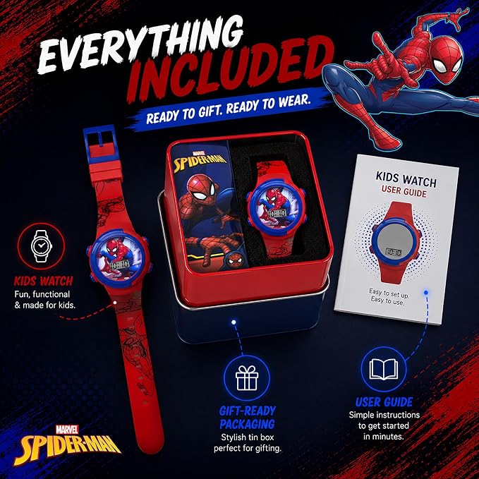 Marvel Spider-Man Kids Watches – Digital Display, Interactive Features, Adjustable Strap, Vibrant Spider-Man Graphics, Durable for Active Kids