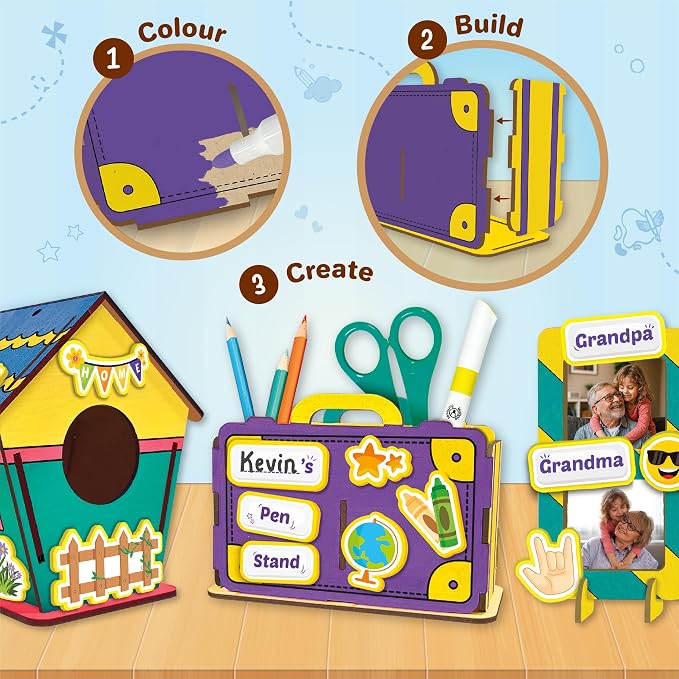 Imagimake DIY Wood Art Mega Pack | Build Wooden Bird House, 3 Photo Frames & Pen Stand | Glitter Glue | Painting Crafts for Kids | 100+ Foam Stickers | Boys & Girls Birthday Gifts Age 5,6,7,8,9