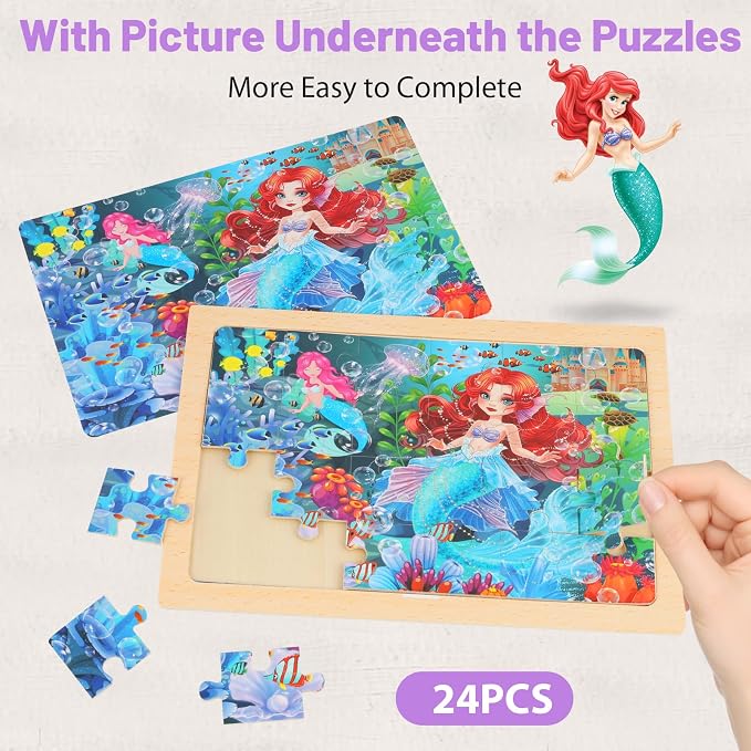 4-Pack Wooden Puzzles for Kids Ages 4-6, 24 Piece Unicorn Mermaid Princess Jigsaw Puzzles, Preschool Toddlers Learning Activity Puzzles Toys for Girls 3 4 5 6 Years Old