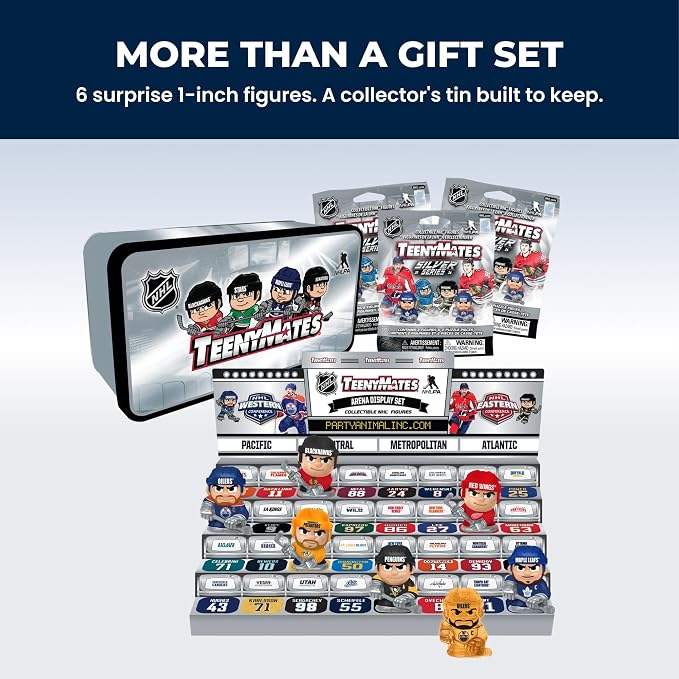TeenyMates NHL Hockey Action Figures Gift Set, 2026 Licensed Collector’s Tin and 3 TeenyMates Packs (6 Figures Total)
