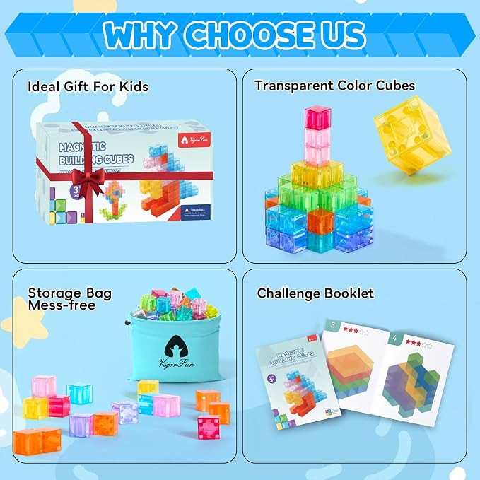 VigorFun Magnetic Blocks Set, Magnet Building Blocks with Toy Figurine and Storage Bag for Kids Gifts, STEM Educational Preschool Sensory Toys for Toddlers Boys Girls Ages 3-12(Transparent)