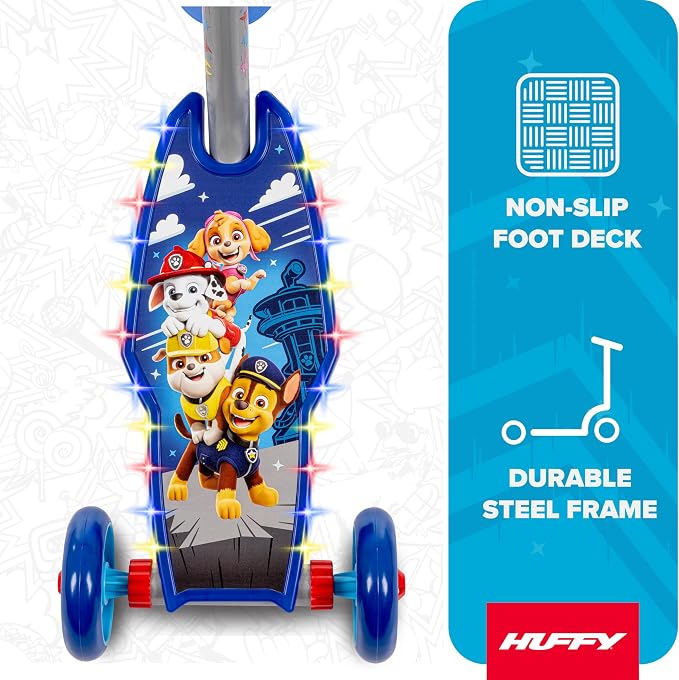 Huffy Toddler 3-Wheel Scooter for Kids, Multiple Colors & Licensed Character Graphics, Ages 3+, Durable Steel Frame, Wide Non-Slip Deck, Stable Lean-to-Steer Design, Light-Up Options, Girls/Boys