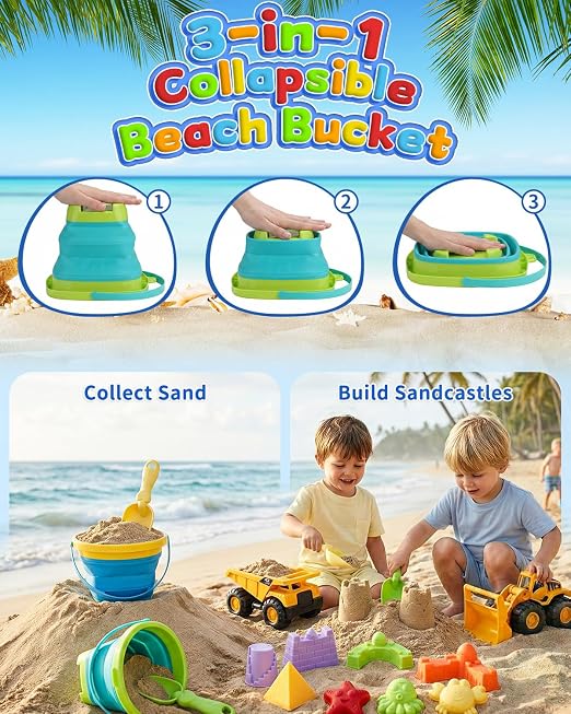 30PCS Beach Toys for Kids Ages 3-10, All-in-One Sand Toy Set with 2 Collapsible Buckets, Mesh Bag for Easy Packing, Trucks, Sea Animal Molds, Shovels & Sieves for Beach, Sandbox & Snow Play