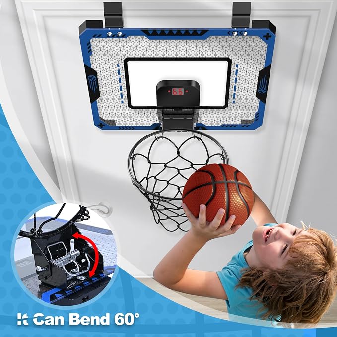 Indoor Basketball Hoop for Kids Age 5-10, Mini Basketball Hoop Over The Door Basketball Hoop with Electronic Scoreboard & 3 Balls - Door Basketball Hoop Indoor for Gift for Boys Age 5-10