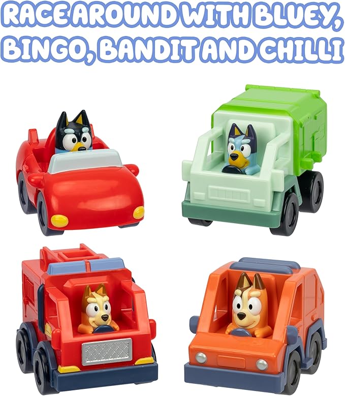 Bluey Mini Racers Vehicles Set of 4, Garbage Truck, Convertible, Family Car, and Firetruck, Small Toy Cars, Toddler Toys for Ages 3+