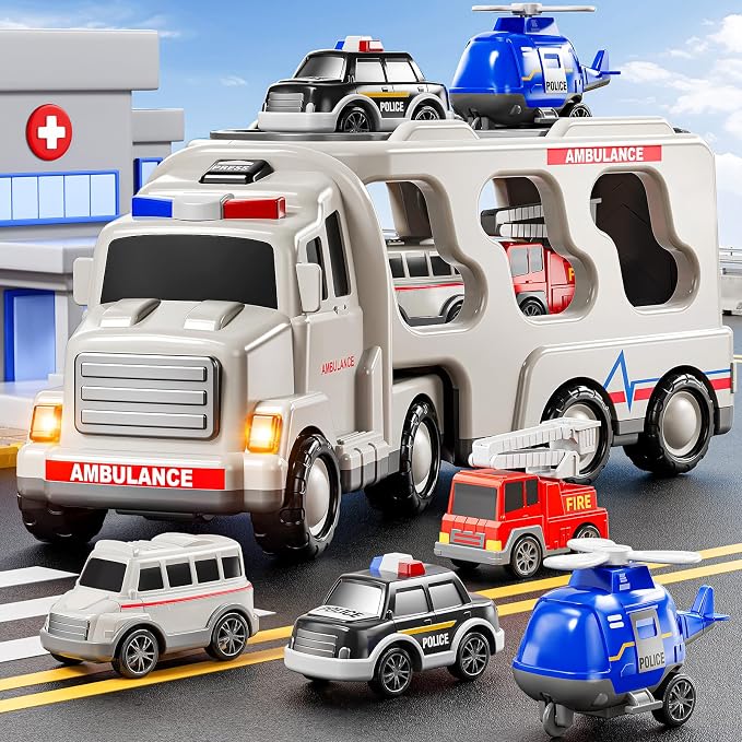 JUKUDAHU 5-in 1 Play Ambulance Toy Vehicle Toddler Truck Toys for 3 4 5 6 7 Year Old Boys - Friction Powered Cars with Light and Sound, Police Car, Fire Truck, Ambulance Car, Birthday Gifts for Kids