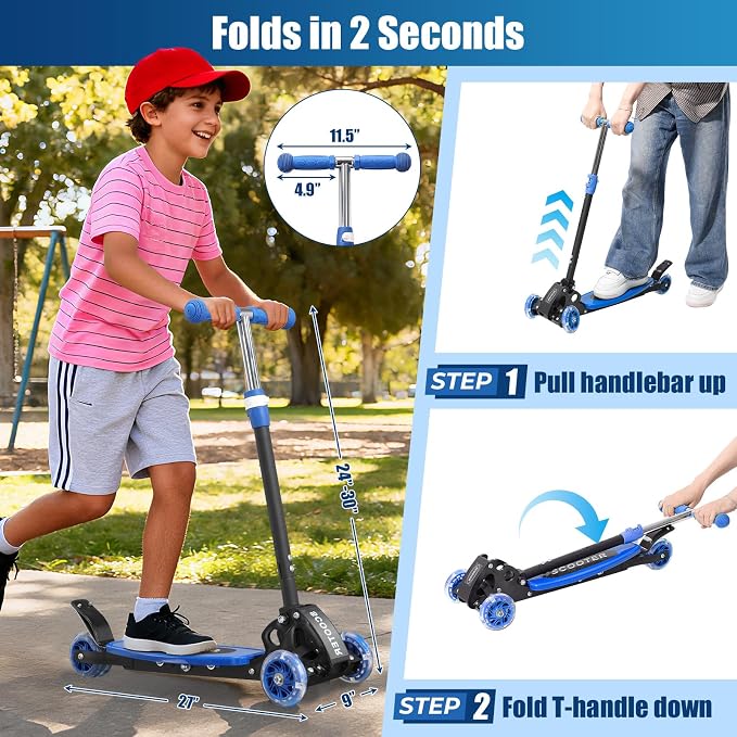 3 Wheel Scooter for Kids Ages 3-12, LED Light-Up Kids Kick Scooter–Portable Foldable, Adjustable Height, Durable Metal Construction, 6" Extra Wide Deck for Outdoor Activities,Child Safety Certified