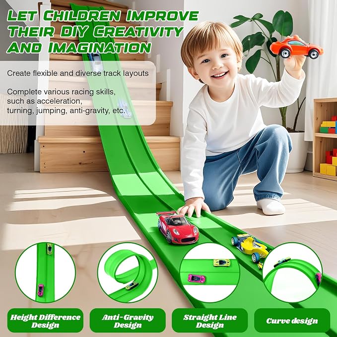 Flexible Race Car Track 15 Ft Starter Set with Suction Cups Compatible with and Diecast 1/64th Car for Ages 3 & Up Classic Green Double Track Long Rolls Up Portable Racetrack Birthday Gifts
