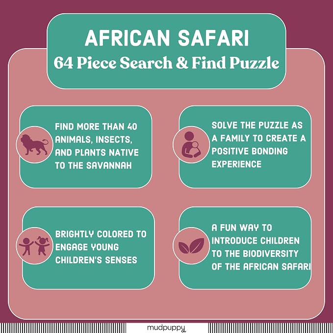 Mudpuppy African Safari — 64 Piece Search & Find Puzzle Jigsaw Puzzle Featuring Diverse Safari Animals and Over 40 Hidden Images to Find for Ages 4+