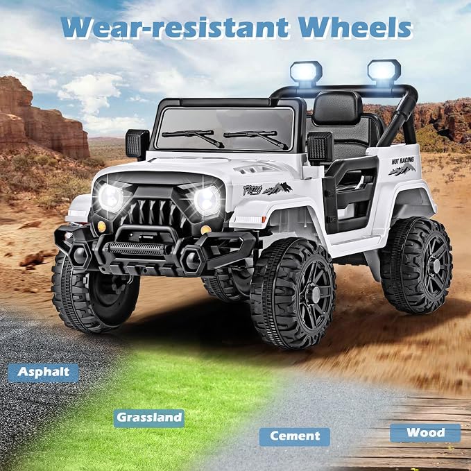 OLAKIDS Ride on Truck, 12V Battery Powered Electric Vehicle for Kids with Remote Control, Bluetooth, Power Display, LED Lights, Music Player, Ride on Toy for 3+ Boys Girls (White)