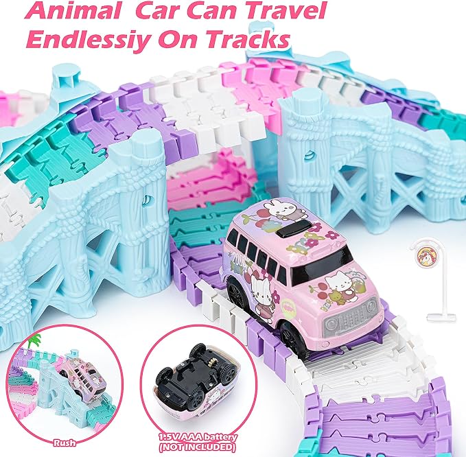 215 PCS Unicorn Race Tracks for Kids Toys, Glow in The Dark Magic Toy Set with 360° Loop Ramp, 1 Unicorn Car Track, Flexible DIY Track Set, Birthday Gift for 3-9 Year Old Boys Girls Toddlers