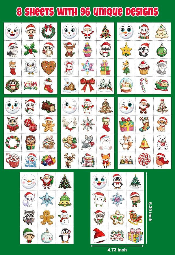 JCFIRE Christmas Temporary Tattoos for Kids Stocking Stuffers, Waterproof Tattoo Stickers Christmas Party Favors, Stocking Stuffers for Kids Toddlers Teens Boys Girls, Goodie Bag Stuffers