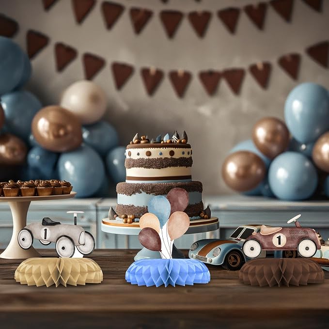 Vintage Race Car 1st Birthday Honeycomb Centerpieces 12 Pack, Race Car First Birthday Decorations, Boy First Birthday Race Car Theme Party Table Centerpieces, Retro Racing Party Supplies