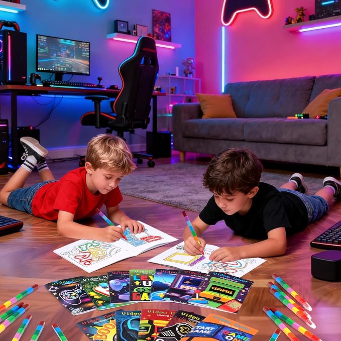 BenLouis 24 Pcs Video Game Mini Coloring Books Kids Gaming Party Favors Small Activity Books Bulk for Kids Boys Neon Game Level Up Goodie Bags Stuffers Return Gifts Classroom Travel