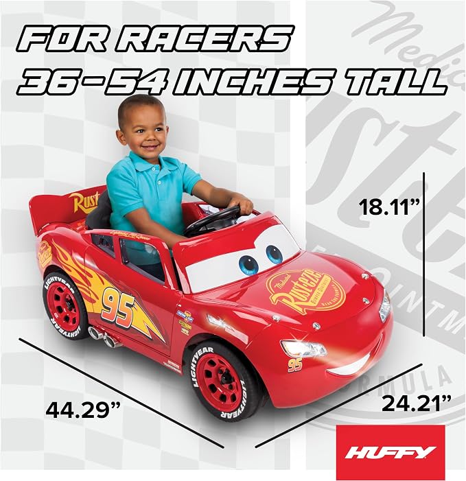 Huffy Cars Lightning McQueen 6V Ride-On Toy Car with Headlights & Engine Sounds, Foot Pedal Drive, Up to 2.5 MPH, Ages 3–7