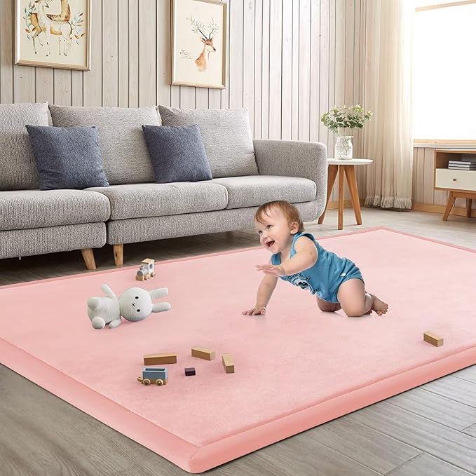 Baby Play Mat for Floor Nursery Rug Muscle Mat Area Rug Playroom Rug 79"x110" Playpen Mat Elastic Foam 1.3" Thick Crawling Mat for Babies,Toddlers, Infants, Kids,Light Pink