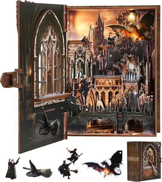 Introduction to Magical Flight Bookend, Openable Door Design with LED Light, DIY 3D Wooden Puzzle Assembly Decor, Vintage Magical Scenery Desktop Ornament for Home Shelf Decoration