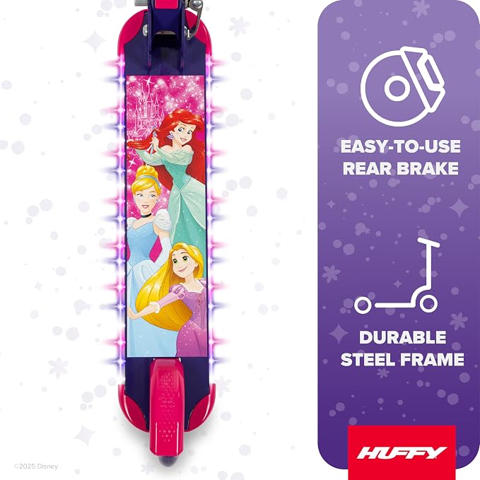 Huffy Light Up Inline Scooter for Kids, 2 Wheel Kick Scooter with LED Lights and Rear Brake, Foldable, Adjustable Handlebar on Select Models, Durable Frame, Licensed Character Graphics