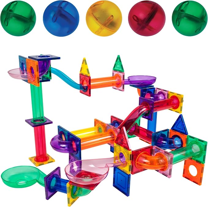 PicassoTiles 100PC Magnet Tiles + 100PC Marble Run Race Track Fun & Creative Playset Bundle, STEAM Learning & Educational Sensory Toy for Preschool & Kindergarten Kids Ages 3+, A Classroom Must Have