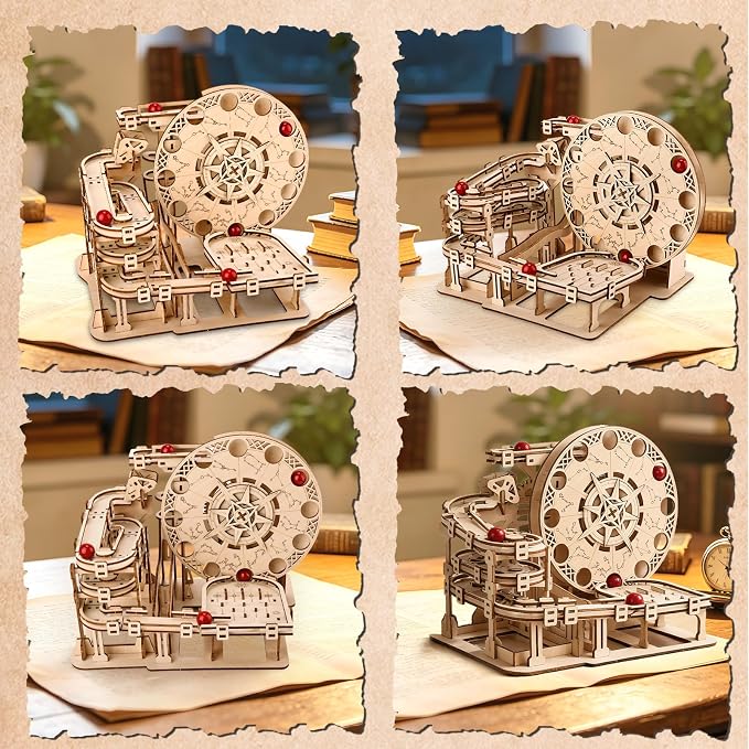 3D Wooden Puzzles for Adults Marble Run Model Building Kit, 178pcs Astrolabe Sphere with Red Marbles, DIY Craft Hobby Set, Creative Mechanical Puzzle Gift for Adult & Teens