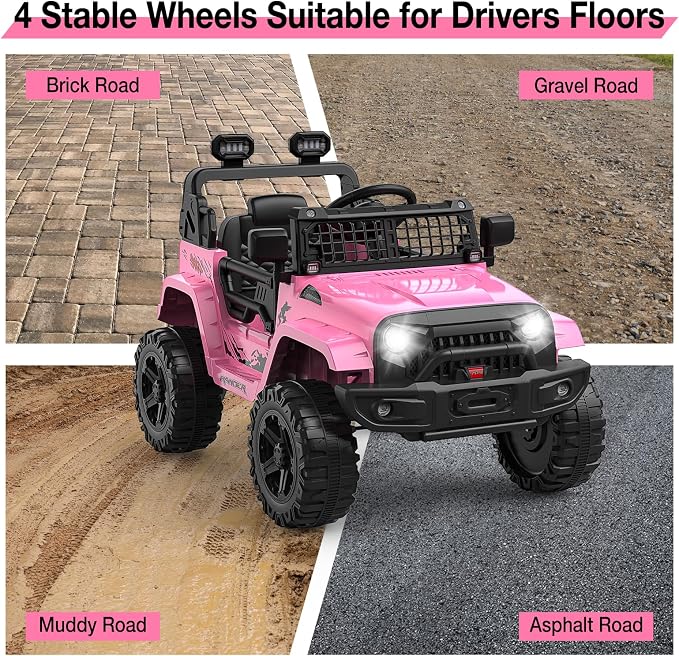 GarveeLife 12V Kids Electric Ride On Truck Car w/Parent Remote Control, Spring Suspension, LED Lights & AUX Port | Outdoor Ride Toy for Boys Girls