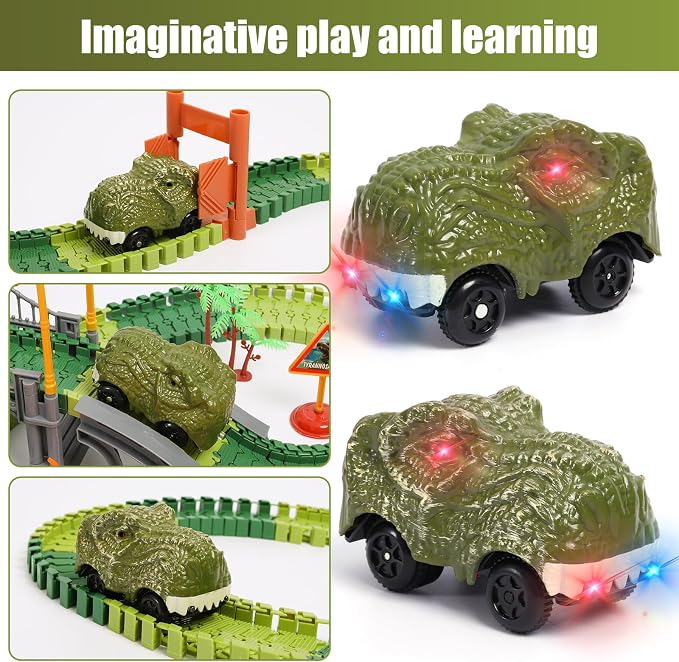 Funbud 2-Pack Dinosaur Race Car Toy for Kids - Birthday Gift for 3 4 5 6 7 Year Old Boys, LED Light Up Track Racing Car Compatible with Most Dino Race Track
