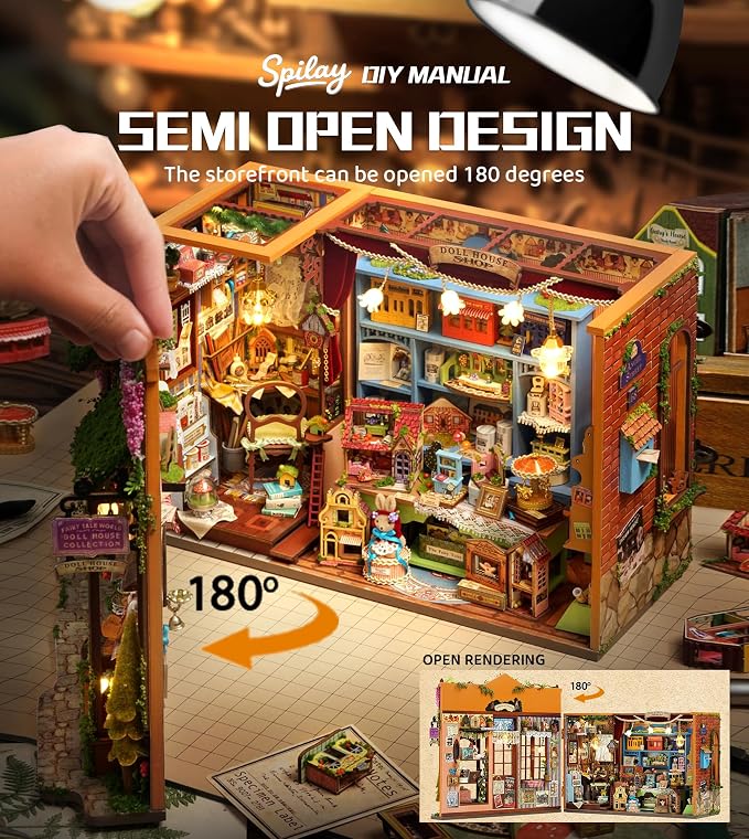 Spilay DIY Miniature House Kit for Adults, Miniature Dollhouse Kit | With Warm Light & Furniture, Wooden Craft Building Set for Bookshelf Decor, Home Display & Creative Gifts for DIY Lovers