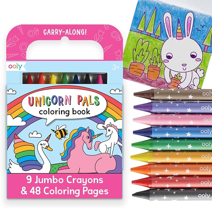 Ooly Kids Travel Activity Kit – 9 Jumbo Crayons & 48 Coloring Pages, Car Crafts for Kids, Mess-Free Road Trip Art Set, Airplane Activities – Unicorn Pals