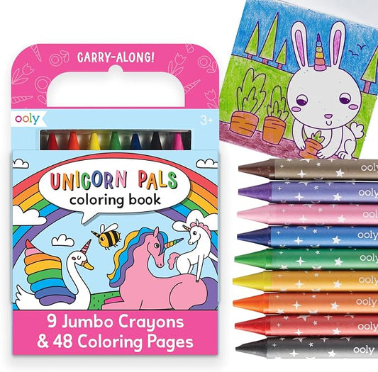 Ooly Kids Travel Activity Kit – 9 Jumbo Crayons & 48 Coloring Pages, Car Crafts for Kids, Mess-Free Road Trip Art Set, Airplane Activities – Unicorn Pals